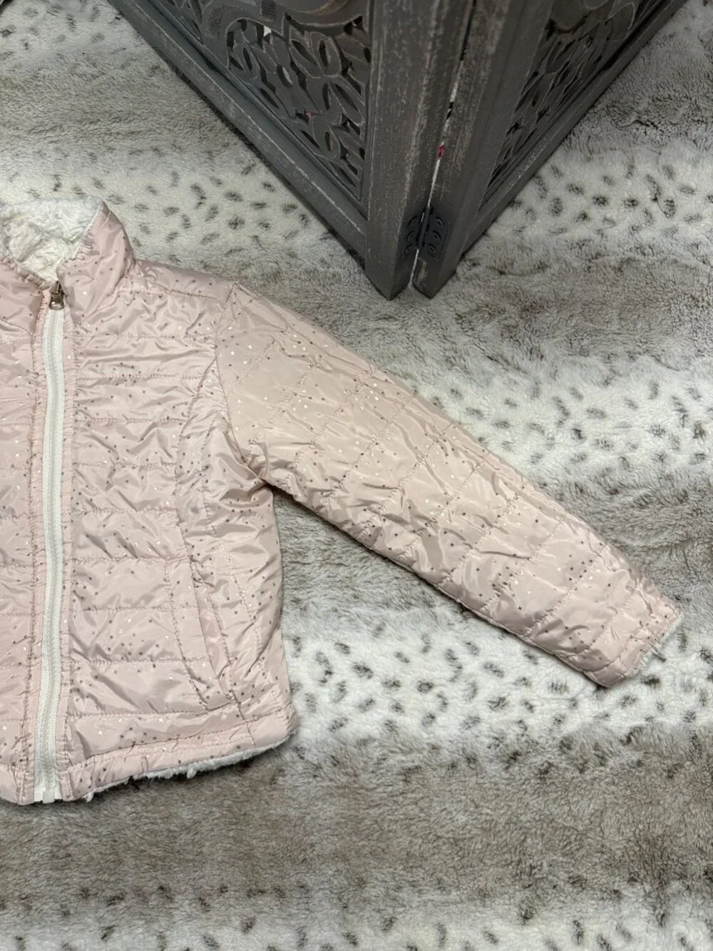 Me Jane reversible puffer jacket girls 5T rose gold sparkly stars faux fur glam
